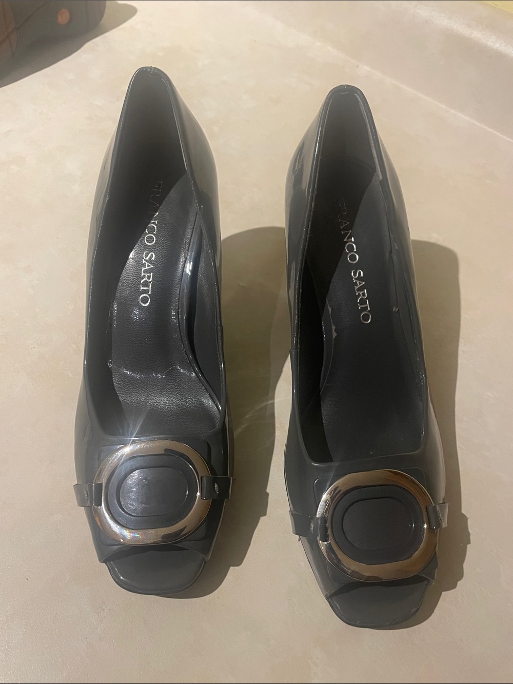 Franco Sarto Black Patent Peep-Toe Pumps with Decorative Buckle Size 7M